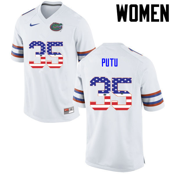 Women Florida Gators #35 Joseph Putu College Football USA Flag Fashion Jerseys-White - Click Image to Close